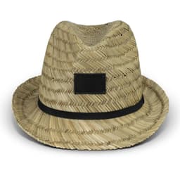 A straw fedora hat in natural tones with a black band and an empty label patch.