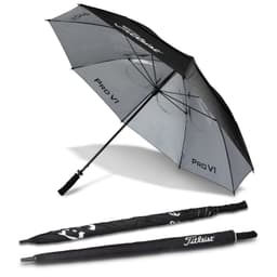 A black and grey double canopy golf umbrella featuring a handle and an umbrella cover, with branding.