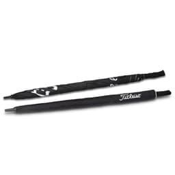 A black double canopy golf umbrella with a branded handle, featuring a sleek design and a prominent logo.
