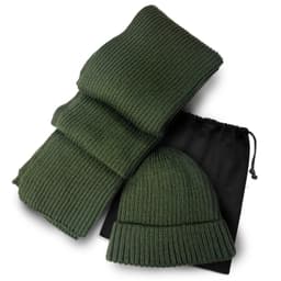 A green ribbed scarf and matching beanie set, neatly arranged with a black drawstring bag.