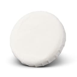 A round, white soap wrapped in paper, featuring a plain surface and a smooth texture.