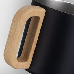 A drink bottle featuring a black finish and a wooden handle, with a metallic interior. Contains a logo.