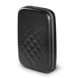 A small black wheeled suitcase with a diamond pattern and a green zipper, featuring a logo on the front.