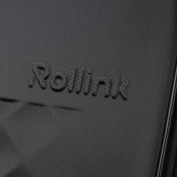 A suitcase with a textured black surface featuring a logo. The design is sleek and modern.