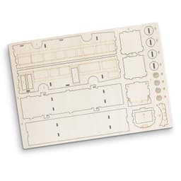 A wooden model kit for a bus, featuring cut-out sections on a light wooden board. Includes various pieces for assembly.