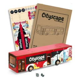 A wooden model bus in red, featuring cityscape designs, accompanied by design templates and instruction sheet.