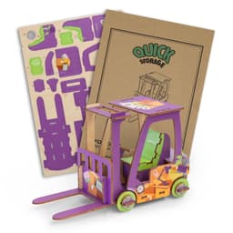 A colourful wooden forklift model in purple and green, with puzzle components and an instructional poster.