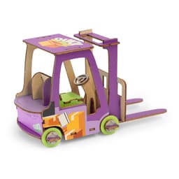 A purple and wooden forklift model with colourful details, showcasing a fun design. It features wheels and a steering wheel.