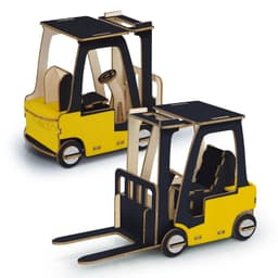 A wooden model of a forklift in yellow and natural wood, featuring detailed design and wheels.