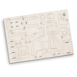 A wooden model puzzle featuring various pieces for assembling a forklift. The pieces are light in colour, arranged on a flat board.