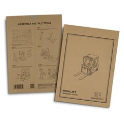 Assembly instructions for a wooden forklift model featuring detailed diagrams in black on a brown background.
