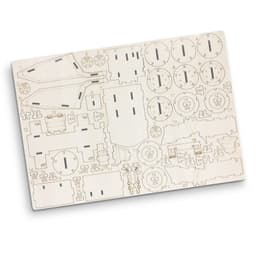 A wooden model kit featuring various pieces for constructing a mining truck, in light beige tones.