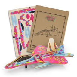 A vibrant pink and blue wooden model jet with accompanying assembly instructions and decorative pieces.