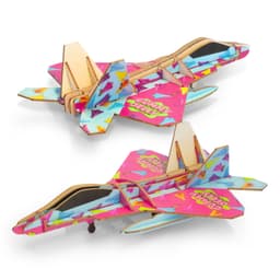 A vibrant pink and blue wooden model of a jet fighter with a colourful design and a logo on it.