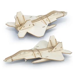 A wooden model of a jet fighter in a natural wood finish, featuring detailed design elements and an unassembled appearance.