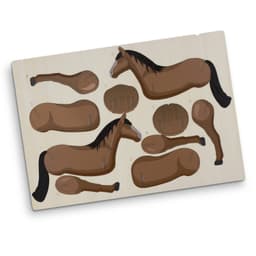 A wooden model kit of a horse with various parts in brown tones, featuring a branded logo.