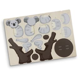 A wooden model kit featuring grey and brown pieces to assemble a koala, including body parts and accessories.