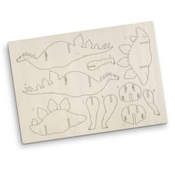 A wooden model kit featuring a stegosaurus design with intricately cut pieces for assembly. The model is light brown.