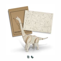 A Brachiosaurus wooden model in natural wood colour, with assembly pieces and packaging displayed behind.