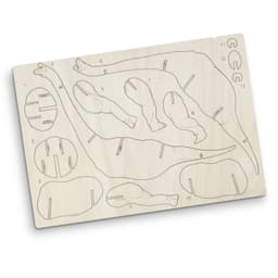 A Brachiosaurus wooden model puzzle in natural wood colour, with various pieces laid out on a flat board.