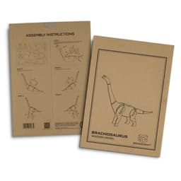 A cardboard package featuring assembly instructions for a Brachiosaurus wooden model, with illustrations and a logo.