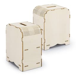A wooden money box model in a light colour with a slot for coins. Features intricate cut-out details on the top.