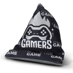 A black and grey bean bag phone holder with a gaming-themed design and a logo.