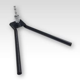 A black metal base with two extended arms for supporting a feather flag. Features a central pole holder.