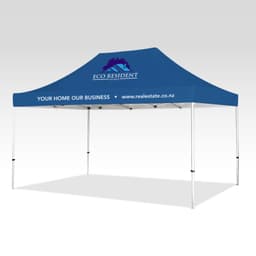 A blue marquee tent with a peaked roof, featuring a logo and text on the front.