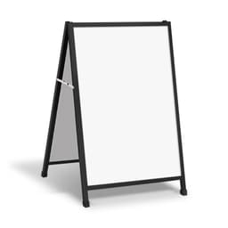 A black A-frame sign with a large white insertable panel for displaying promotional content.