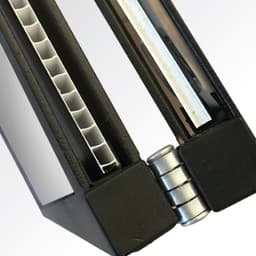 A close-up of a black 600x900 insertable A-frame sign showcasing the hinging mechanism and insert slots.