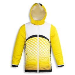 A custom reversible puffer jacket in bright yellow and white, featuring a unique geometric pattern and a hood.