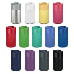 A drink bottle collection featuring various colours including silver, white, yellow, red, green, blue, purple, and black. Each has a lid and branding.