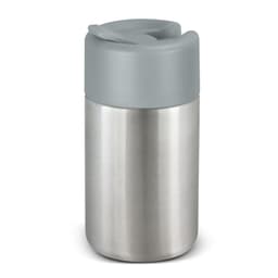 A drink bottle featuring a stainless steel body and a grey lid, with a logo on the surface.