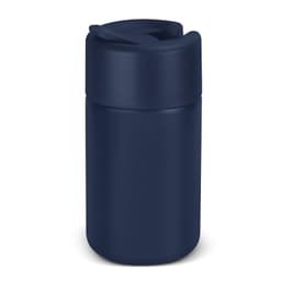 A drink bottle in dark navy blue with a secure, flip-top lid and a smooth, matte finish. Features a logo.