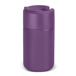 A drink bottle in a solid purple colour with a secure, flip-top lid and a sleek design. It has branding on the surface.