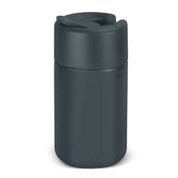 A drink bottle in dark green with a twist-off lid and a sleek, matte finish. It has a logo on the front.