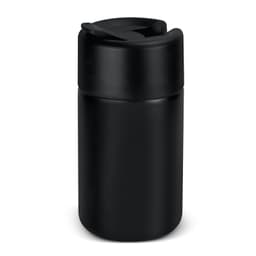 A drink bottle featuring a sleek black design and a lid with a spout. It includes a logo.