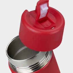 A drink bottle in bright red with a silver interior and a flip-top lid. Features a logo on the body.