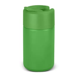 A drink bottle in bright green with a sleek design and a flip-top lid, featuring a logo.
