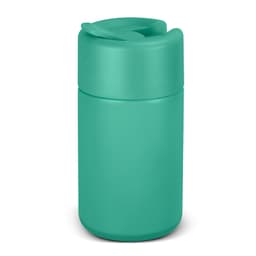A drink bottle in a matte turquoise finish with a spill-proof lid and branding.