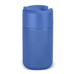 A drink bottle in a solid blue colour with a screw-top lid and a small opening for sipping. It has a logo.