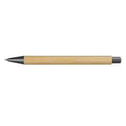A bamboo pen with a grey tip and barrel, featuring a sleek and eco-friendly design. It has a logo displayed.