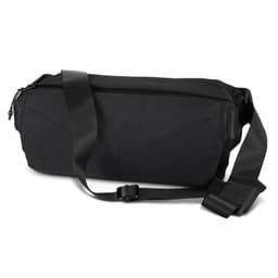 A black sling bag with a durable design and adjustable strap. It has a zip closure and features a logo.