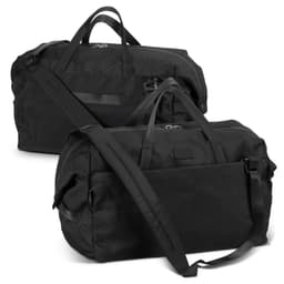 A black duffle bag with dual handles and a detachable shoulder strap, featuring a logo.