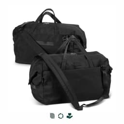 A black duffle bag with two handles and a detachable shoulder strap, featuring a logo and a sleek design.