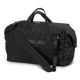 A black duffle bag featuring a shoulder strap and dual handles, with a simplistic design and a logo on it.