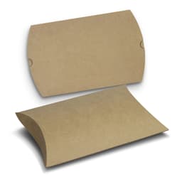 A medium, brown pillow box made of cardboard, featuring a curved design with two flaps.