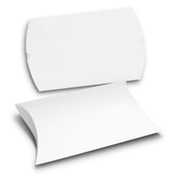 A large white pillow box with a smooth surface and a curved design, featuring a branding logo.