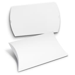 An extra large white pillow box with a curved design, featuring a flap closure and a logo.